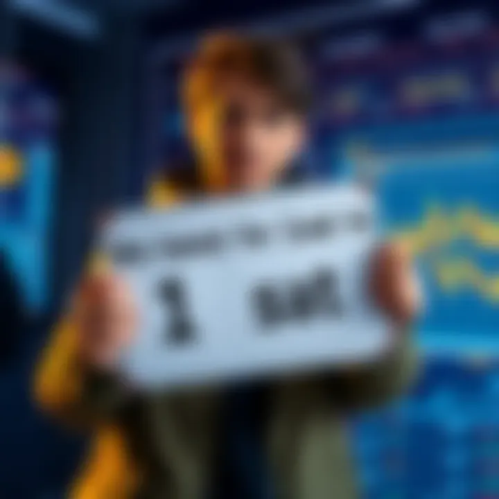 A user in the crypto community holding a sign asking for help to send a transaction of 1 sat, with a digital wallet interface in the background.