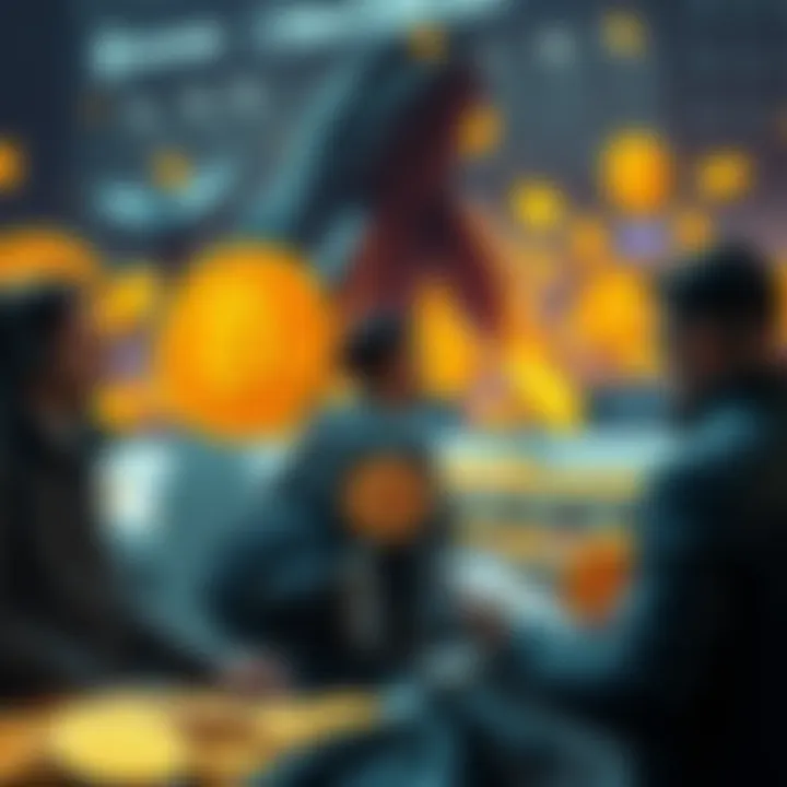 A group of retail investors enthusiastically purchasing Bitcoin while large investors, or whales, are seen selling off their assets in the background.