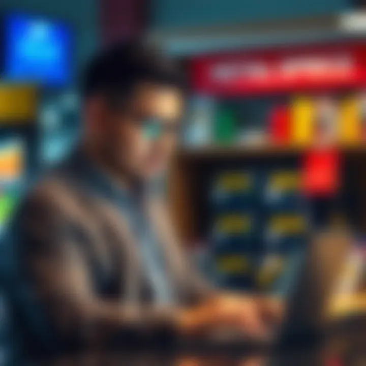 A retail store owner looking concerned while reviewing a browser-based POS system on a laptop, pondering cybersecurity and consultant options.