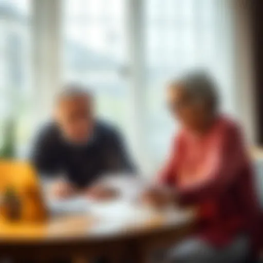 A retired couple sitting at a table with papers and a laptop, discussing financial options related to selling their home and potential bankruptcy.