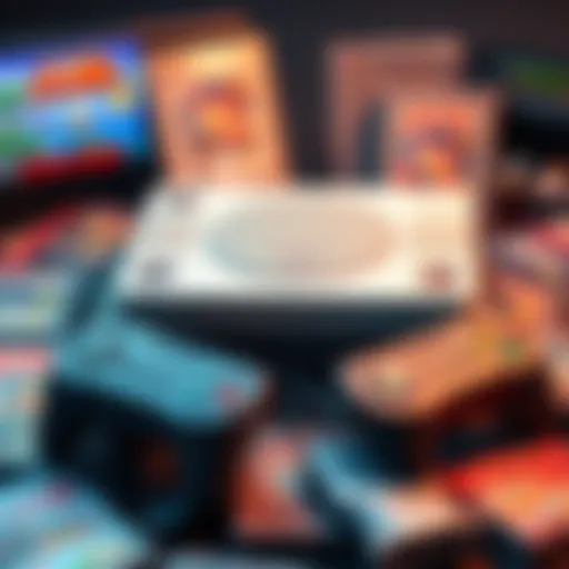 A vintage gaming console with two controllers, surrounded by classic game cartridges, evoking nostalgia for old gaming experiences.