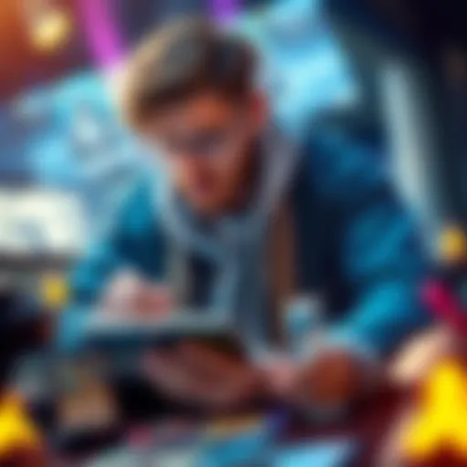 A player examines new game meta and deck strategies with cards and a gaming interface in front of them.
