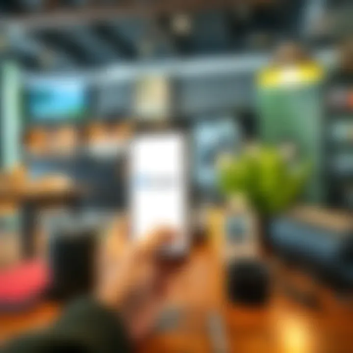 A Myanmar citizen using the Revolut app on a smartphone in a coffee shop, surrounded by personal items