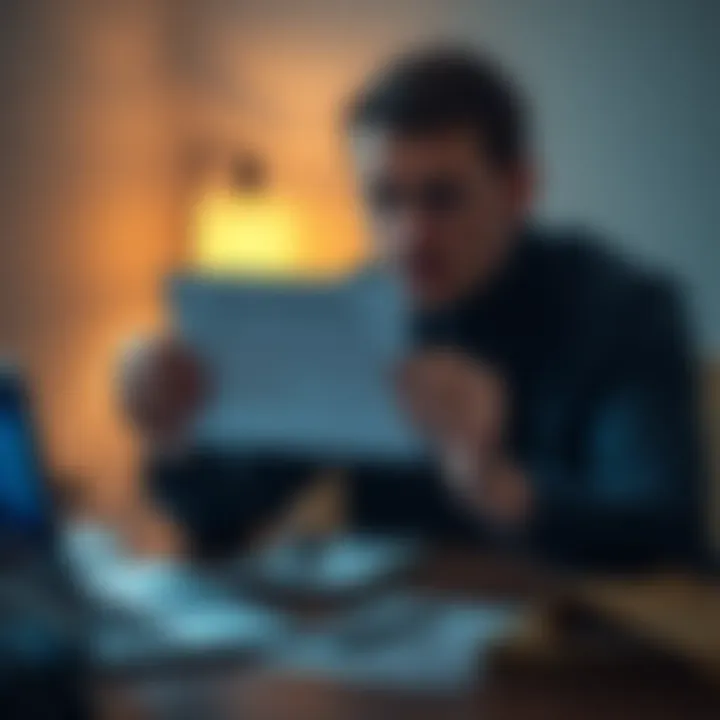 A person looks worried while holding a notice of account closure from Revolut, with a laptop and financial documents on the table.