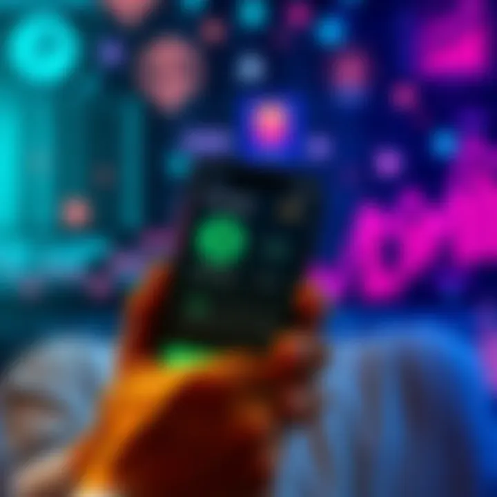 A person comparing Revolut and Cash App on a smartphone, with financial icons in the background.