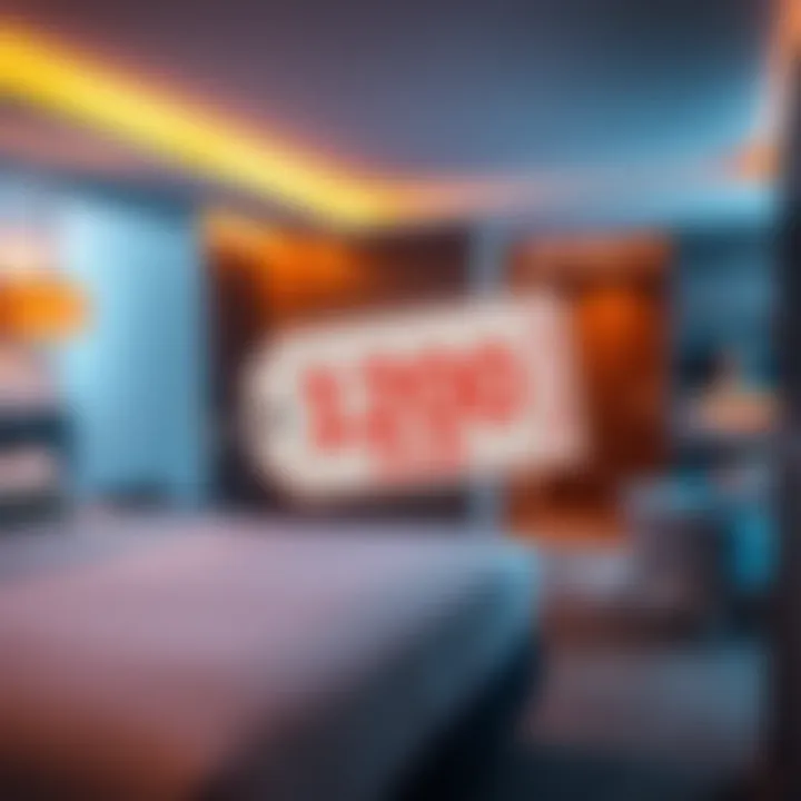 A hotel room with a visible price tag showing a 1200 EUR rate crossed out with a 180 EUR discount highlighted, representing savings from using Revolut.