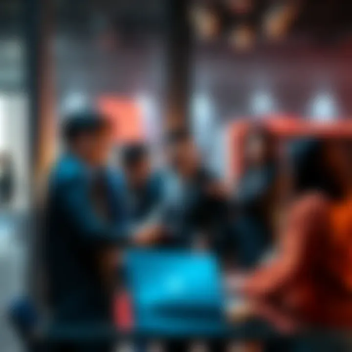 A group of professionals discussing HR practices in a modern office, highlighting teamwork and collaboration.