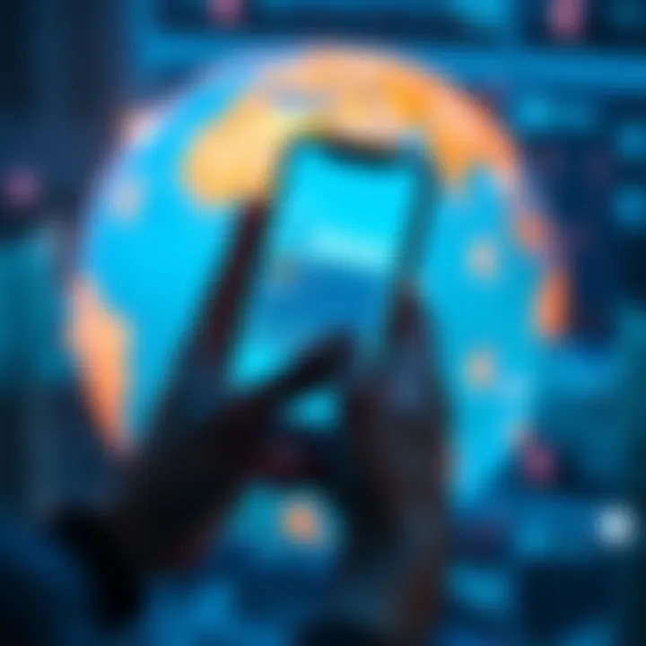 A person using the Revolut app on a smartphone to transfer money, with currency symbols and a globe in the background.