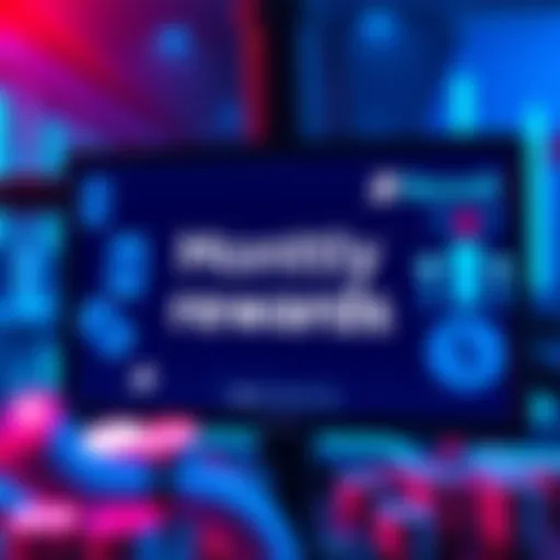 A graphic showing a digital screen with the text 'Monthly Rewards Winners' and cash symbols, highlighting the concept of rewards