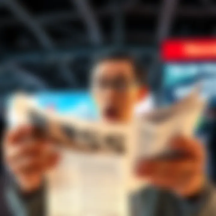 A surprised businessman looking at a news article about becoming the 11th richest person in the world.