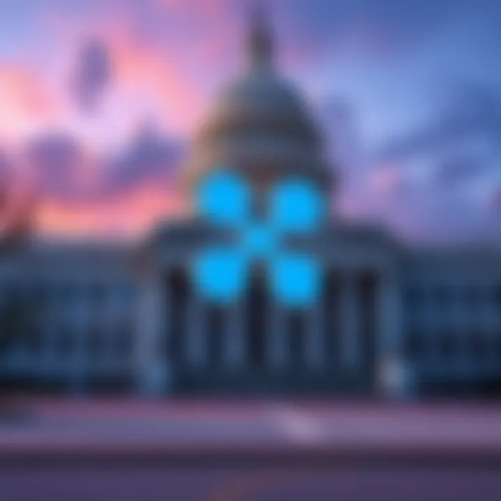 Ripple logo with a federal building background symbolizing its move towards becoming a federally regulated trust bank.