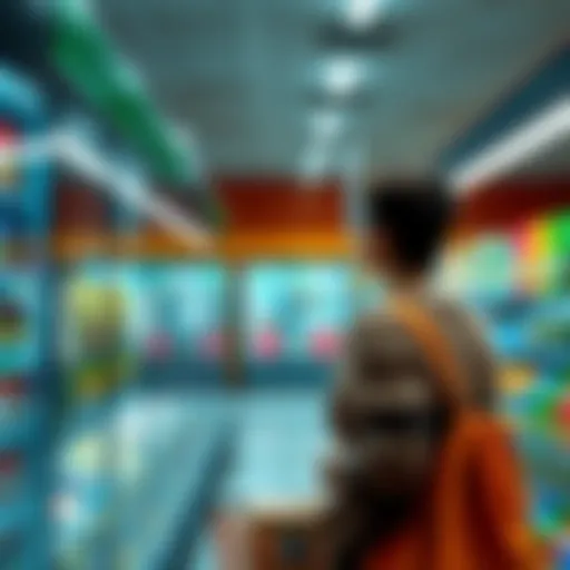 A shopper looking at price tags in a grocery store, showing high prices on various food items