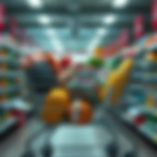 A shopping cart filled with groceries showing price tags indicating increased costs, representing sticky inflation.