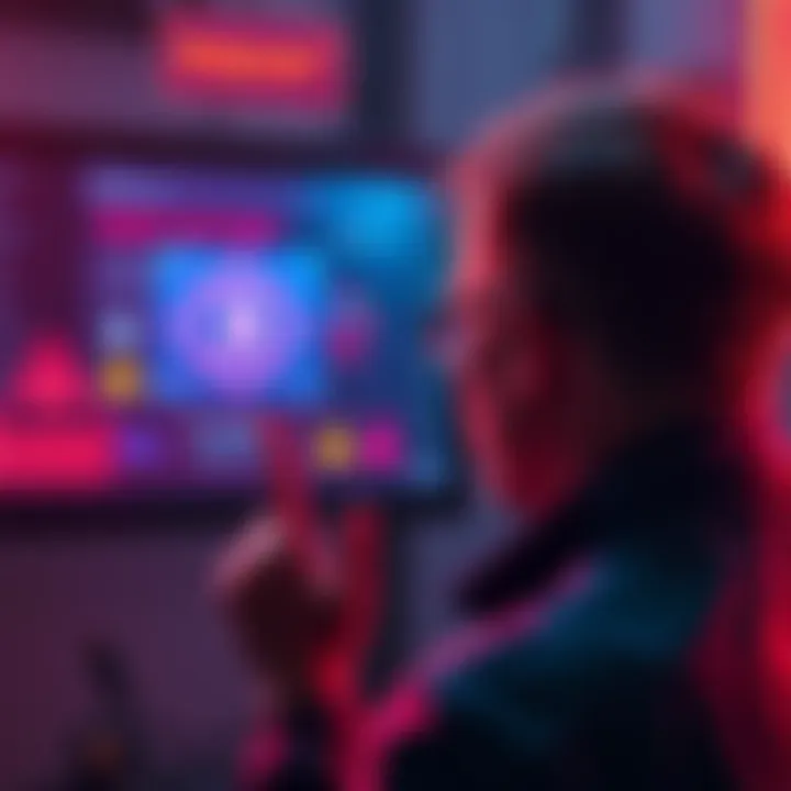 A person hesitates while looking at a digital screen showing a crypto token with vibrant colors and warning signs. The setting conveys tension and contemplation about a potential purchase.