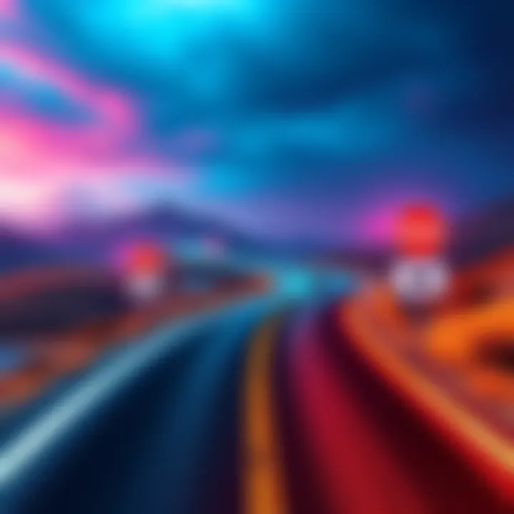 A winding road representing the journey towards 1k in Colors, with decision signs indicating options to continue or cancel the initiative.