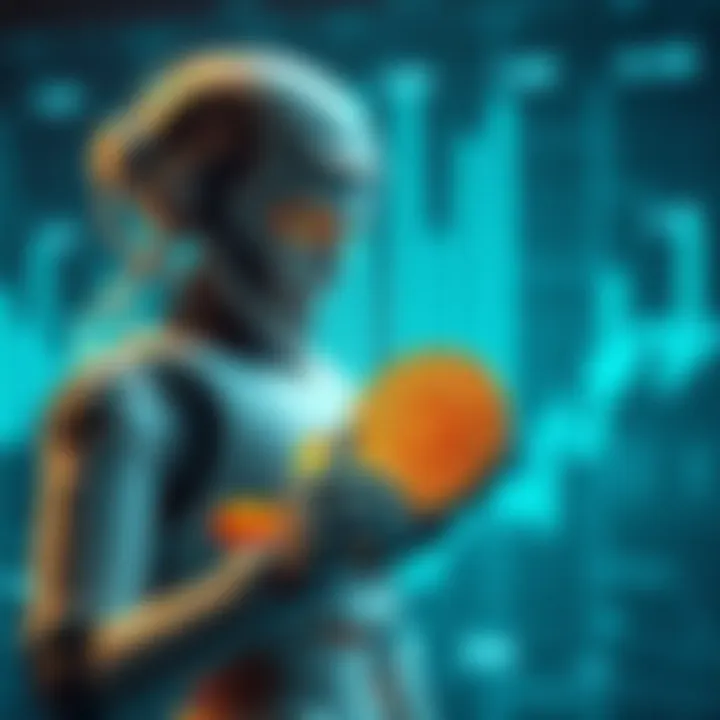 A futuristic robot stands holding Bitcoin coins against a digital backdrop symbolizing a new economy without humans.