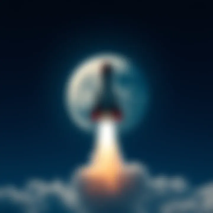 A rocket launching into the sky, heading towards the moon, symbolizing advancements in space travel.