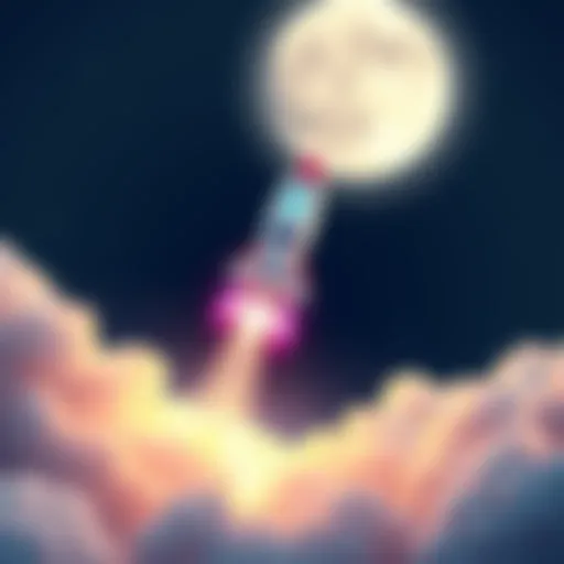 A colorful rocket launching towards the moon, surrounded by stars and a bright sky.