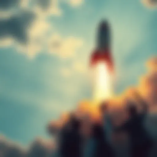 A rocket soaring upward, symbolizing market excitement and potential gains. People are celebrating as prices aim for a new high.