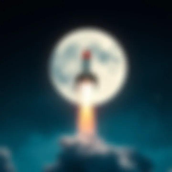 A rocket soaring towards the moon with a bright trail behind it, representing growth and investment opportunities.