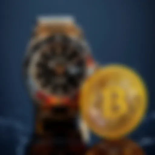 A Rolex watch placed beside a Bitcoin symbol, illustrating the choice between luxury and cryptocurrency investment
