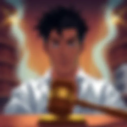 Illustration of Roman Storm in a courtroom setting, with a gavel and legal books in the background.