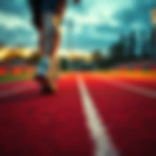 A running track where a person is checking their step count on a fitness app, showing the process of tracking steps during a challenge