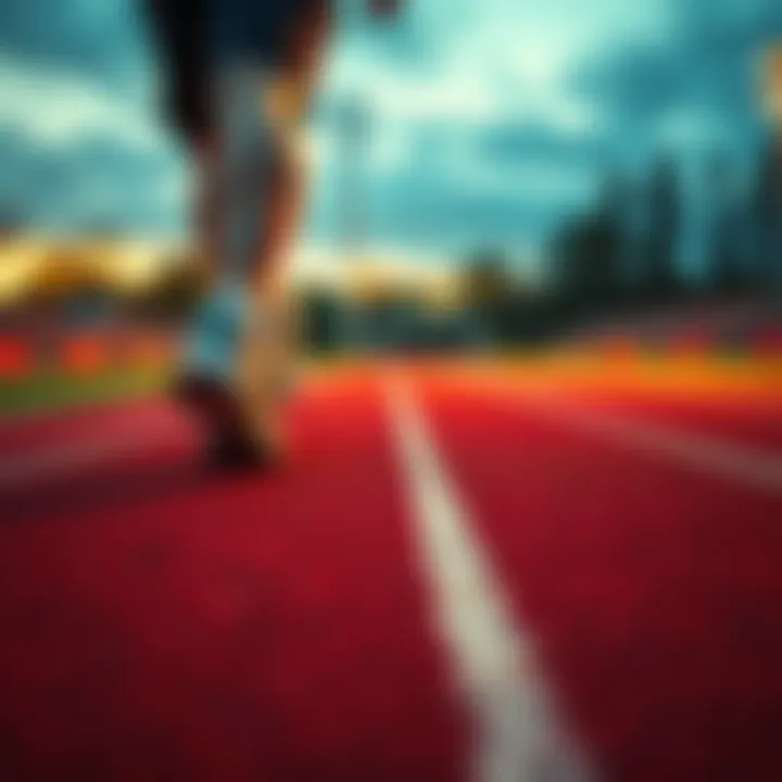 A running track where a person is checking their step count on a fitness app, showing the process of tracking steps during a challenge