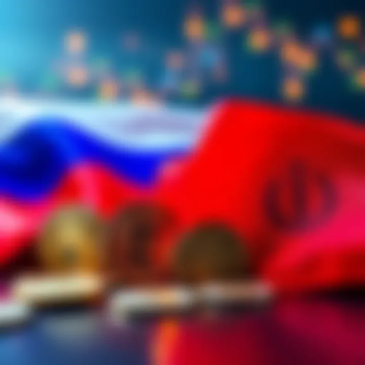 A graphic showing cryptocurrency symbols and flags of Russia and Iran, symbolizing trade between the two nations despite sanctions.