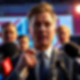 Sam Bankman-Fried speaking confidently at a press conference, addressing allegations against him.