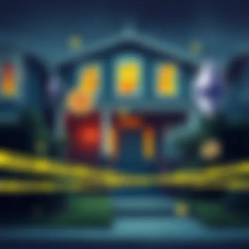 A house with broken windows and police tape in front, symbolizing a recent home invasion. Cryptocurrency symbols like Bitcoin and Ethereum are visible in the background.
