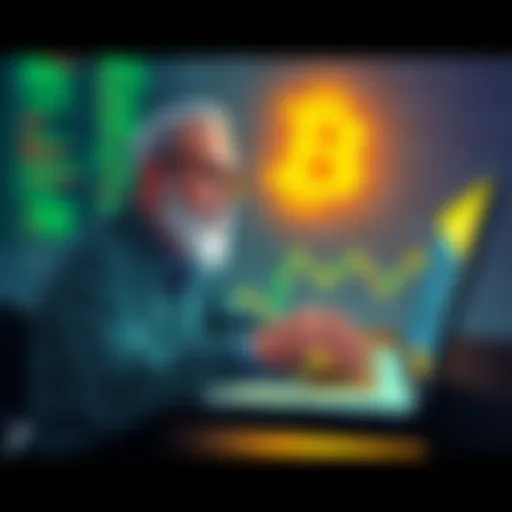 A digital illustration of a person typing on a laptop with code and blockchain graphics in the background, symbolizing the early discussions of Bitcoin testnet.