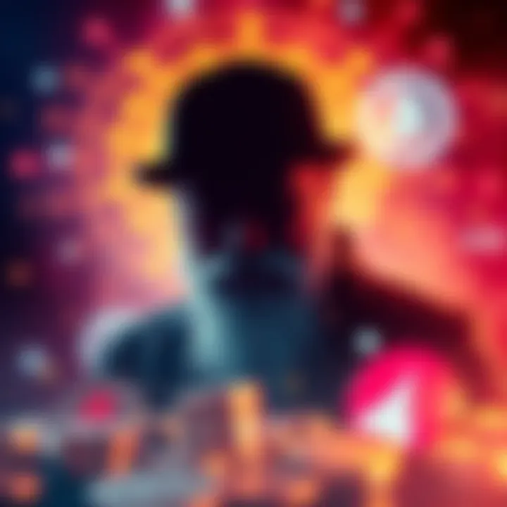 Artistic representation of Satoshi Nakamoto as a shadowy figure behind cryptocurrency, surrounded by digital coins and blockchain symbols.