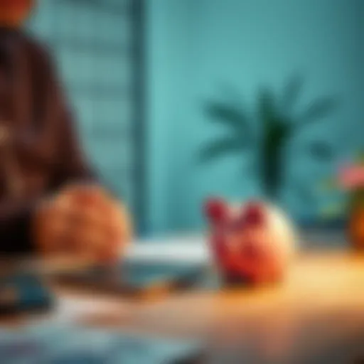 A person calculating expenses with a calculator and a piggy bank on the table