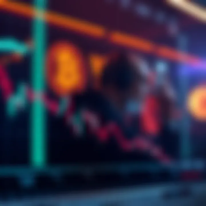 A graph showing a decline in stock value with Bitcoin symbol and concerned investors in the background