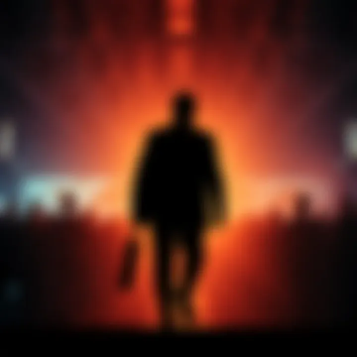 A silhouette of a man walking away from a crowd, symbolizing Saylor's departure and its impact on followers.