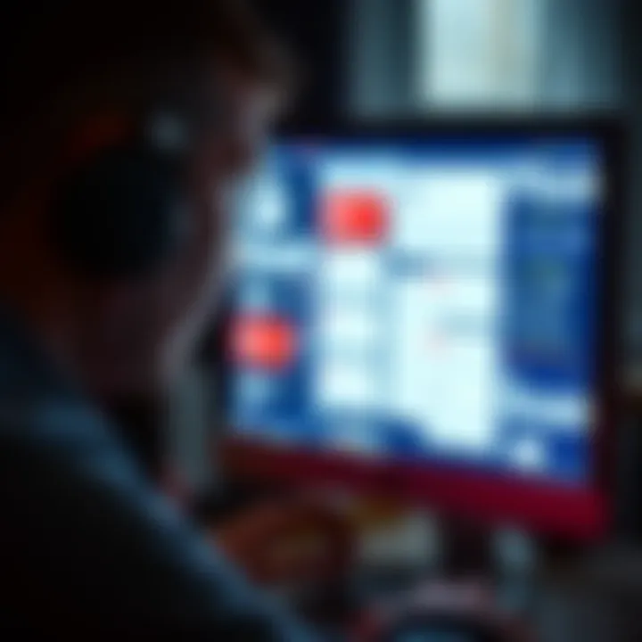 A worried individual examining a computer screen filled with phishing emails and scam alerts