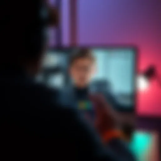 A person on a computer screen in a video call, appearing suspicious while trying to persuade another person off-screen to make a purchase, symbolizing online scams.