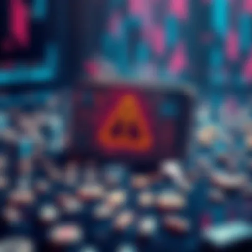 A visual representation of a digital wallet being compromised, showing a warning symbol and seed phrases scattered around.