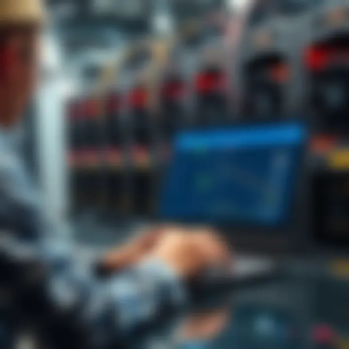 A person using a laptop to list mining equipment for sale online, with mining rigs in the background
