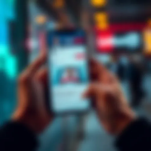 Individual holding a smartphone displaying a LinkedIn profile with cash offer text, seeking to buy old accounts from others.