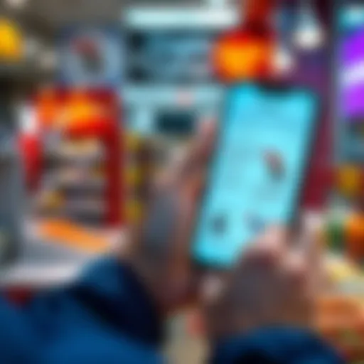 A person holding a smartphone showing the Crypto Corner Shop app on the screen, indicating product listings for Kaspa transactions