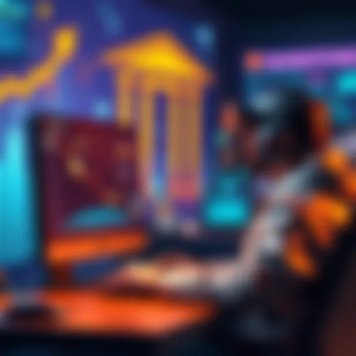 A person using a computer to sell stakestone on Metamask, with bank-related graphics in the background