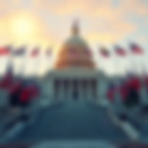 The U.S. Senate building surrounded by flags, symbolizing legislative debate on a new bill.