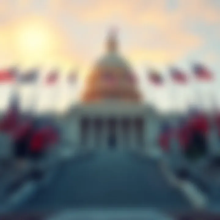 The U.S. Senate building surrounded by flags, symbolizing legislative debate on a new bill.