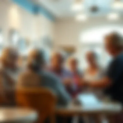 Group of seniors discussing options and resources in a community center