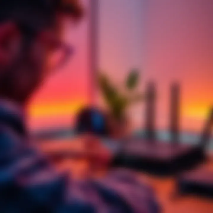 A person configuring an Asus ROG GT-BE19000 router alongside a Deeper Connect Mini for enhanced security and VPN performance.