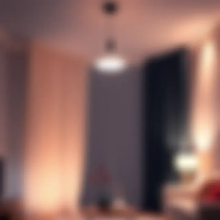 A stylish custom light designed by Sev hanging in a modern living room, showcasing its dual purpose as both a light and decorative curtain.
