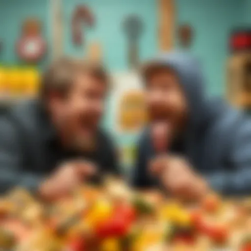 Comedian Shane Gillis comically confronts a character known as the Slop Intruder, both in a messy food-themed setting, with playful expressions and vibrant colors