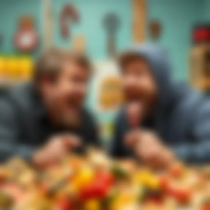 Comedian Shane Gillis comically confronts a character known as the Slop Intruder, both in a messy food-themed setting, with playful expressions and vibrant colors